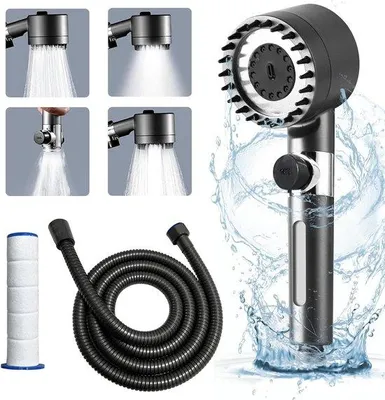 Obrázek produktu pro Masážní sprcha se 4 režimy – hadice 15 m – 2 filtry – masážní hlavice – ruční sprcha – šedá
