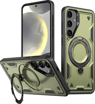 Produktbild von Dual Layer Hülle für Samsung Galaxy S25 Metall Ring Ständer Magnetisch Stoßfest Militär Handyhülle Grün