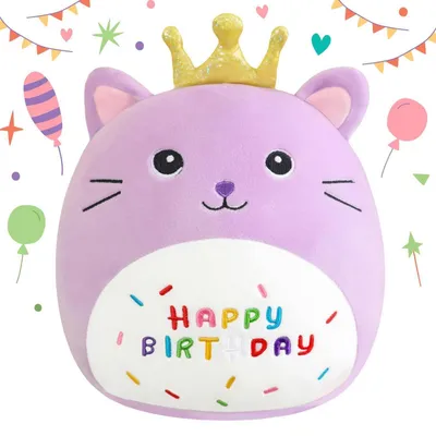 Immagine prodotto di Orsacchiotto a forma di gatto con , "Buon Compleanno", 25 cm, colore lilla, morbido, ideale per bambini