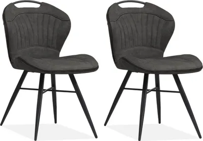 Two dark gray dining chairs with black metal legs are shown against a white background.