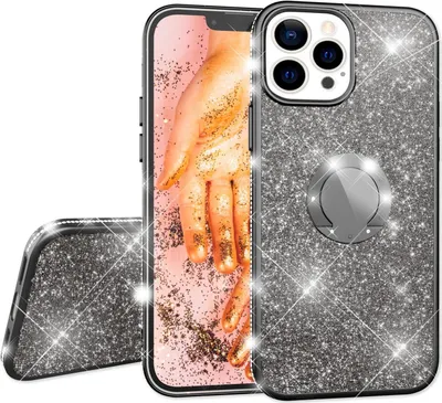 Produktbild von NALIA Glitzer Ringhülle für iPhone 13 Pro, Silikon Handyhülle Glitter Cover Bling Case Schutzhülle mit Ring Schwarz