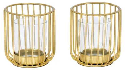 Produktbild von 2er Set Teelichthalter aus Metall und Glas in Gold für Tischdekoration im Industrialstil