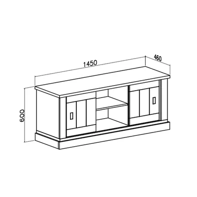 A technical drawing of a TV cabinet with dimensions indicated.