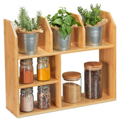 Immagine prodotto di Scaffale portaspezie in bambù - Scaffale per spezie da appoggio - 6 scomparti - 45,5 x 55 x 16 cm - Naturale - Per cucina e bagno