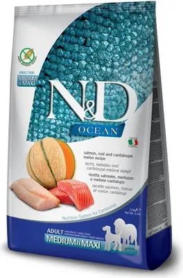 Immagine prodotto di FARMINA N&D Ocean Dog Salmone, Merluzzo, Cantalupo, Melone Adult Medium&Maxi - cibo secco per cani - 12 kg