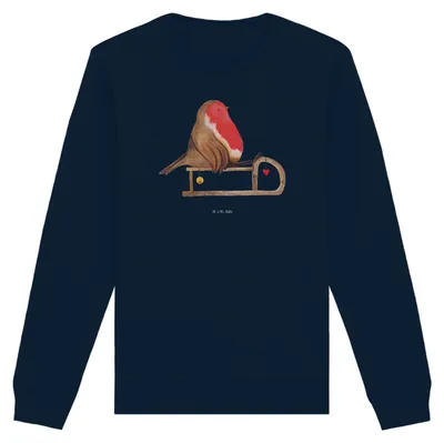 Produktbild von Mr. & Mrs. Panda Bio Pullover Rotkehlchen Schlitten Größe S - French Navy - Geschenk, Baumwoll, Sweatshirt, Sweater, Pulli, Weihnachten, Vogel