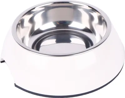 Produktbild von Dehner Lieblinge Hunde- und Katzennapf, Ø 22 cm, Höhe 6 cm, 700 ml, Melamin/Edelstahl/Gummi, weiß