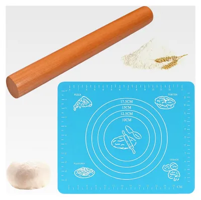 Produktbild von Nudelholz aus Holz mit Teigroller und Backmatte, 30 cm Nudelholz, 29 x 26 cm Backmatte, Teigroller für Pizza, Kekse, Kuchen, Fondant