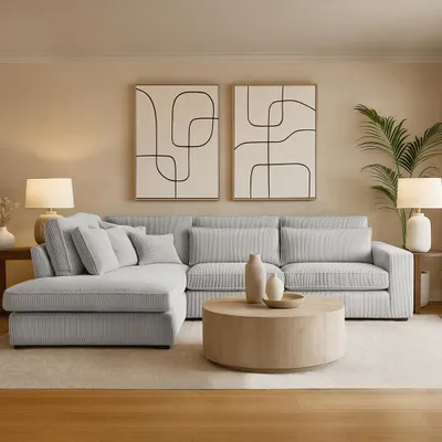 Produktbild von BEAUTYSOFA | Designer - Ecksofa PARMA, L-Form Eckcouch mit Ottomane links, Modernes Sofa Velours Soft Touch in Grau mit Kissen