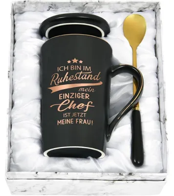 Produktbild von Keramik Tasse 400ml Schwarz mit Spruch für Rentner | Geschenkbox mit Löffel & Untersetzer