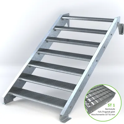 Produktbild von Stahltreppe 7 Stufen bis Höhe 140 cm, Laufbreite : 110 cm kein Geländer ST 1 (31 / 31 mm)