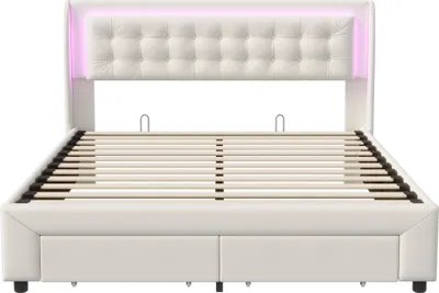Obrázek produktu pro Čalouněná postel CDGlobal Manželská postel 160x200 cm s LED osvětlením, hydraulická postel s úložnými zásuvkami a čelem, úložný rám postele s roštem, samet (béžová)