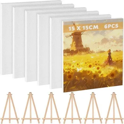Productafbeelding van Famanu Mini-canvas set met 6 stuks (15x15 cm) – inclusief mini-canvasstandaard – voor knutselen en hobby