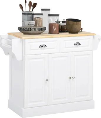 Image de Chariot de cuisine - Ilot de cuisine sur roulettes - 2 tiroirs - Étagère à épices - Porte-serviettes - Bois - 110x45x91 cm - Blanc