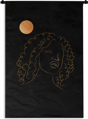 Produktbild von MuchoWow® Wandteppich Wandbehang Frau - Mond - Gold - Strichzeichnung 60x90 cm Tapisserie Dekoration Wandtuch - Foto-Teppich - Abwaschbar