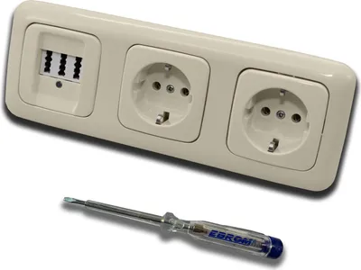 Produktbild von Busch Jäger Set: Unterputz Telefondose von EBROM, TAE 3x6 NFN für 1 Telefon und 2 Zusatzgeräte in DURO2000 cremeweiß, Rahmen und 2 x Steckdose 20EUC-212 inkl. EBROM Phasenprüfer zur Montage d. Geräte