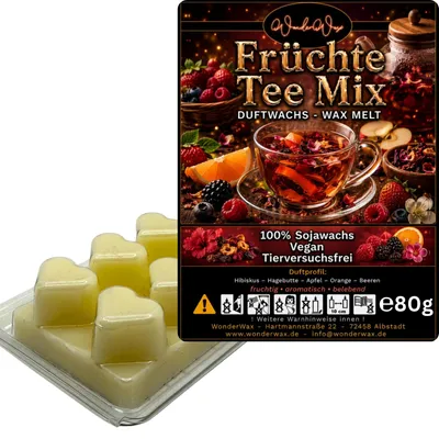 Produktbild von WonderWax Duftwachs Wax Melts für Duftlampe, 6 Herzen Duftmelt Wachsmelt Sojawachs Duftwachs Würfel für Raumdüfte, Wachs Duftöl Winter Indoor Schmelzen für Aromalampe FrüchteTee Mix
