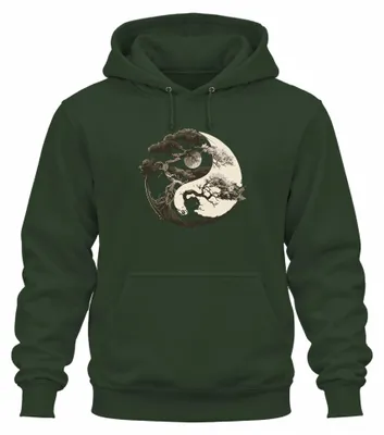Imagen del producto de Sudadera con capucha "Árbol de la vida, Yin Yang, Luna, Zen, Equilibrio, Naturaleza", color verde botella, talla S