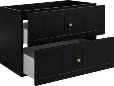 Produktbild von Badezimmerschrank stehend 80, gerillte Front 19 mm, Schwarz + Platte Nussbaum-Eiche, gefräste Griffe, runde Füße 15 cm, 80 x 46 x 73