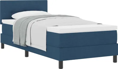 Imagen del producto de Cama con somier y cabecero azul, 90 x 200 cm, tapizada en tela