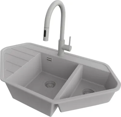 Produktbild von PRIMAGRAN Granitspüle Grau 90x50cm, Eckspüle 1,5 Becken + Küchenarmatur 40x20cm + Ablauf-Set, Küchenspüle ab 70er Unterschrank - Kopenhagen Corner