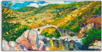 Produktbild von Coloray Spritzschutz aus Glas 120x60  Wandkunst Küchenrückwand Kunst Flusslauf Brücke in den Bergen