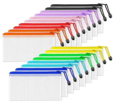 Image de Pochettes de documents format A6, lot de 18, étanches, en mesh, 9 couleurs, fermeture éclair