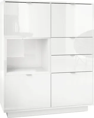 A white highboard sideboard with multiple compartments and drawers.