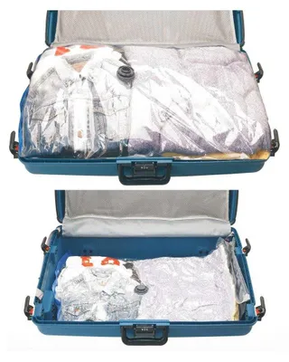 Two images of an open suitcase with vacuum-sealed bags of clothes inside.