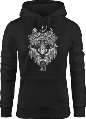 Produktbild von Hoodie Damen Aufdruck Wolf-Motiv Print Boho Bohemian Ethno Kapuzen-Pullover Neverless® schwarz S