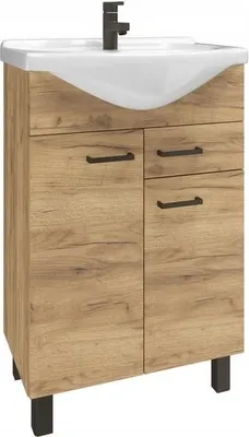 A bathroom vanity with a sink and faucet, standing on black legs.