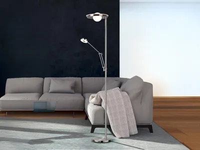 Produktbild von LED Deckenfluter mit Leselampe Silber verstellbar dimmbar Stehlampen Wohnzimmer