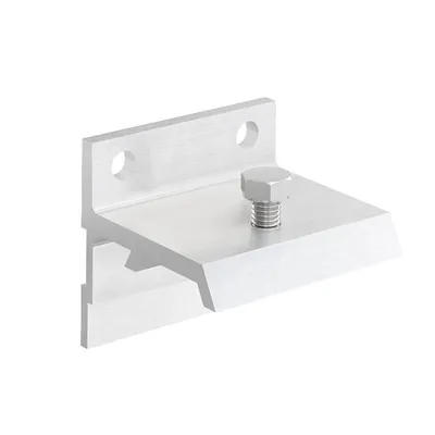 A single metal bracket with a bolt, isolated on a white background.