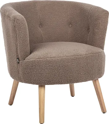 A single brown bouclé armchair with wooden legs is shown against a white background.