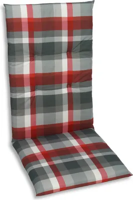 A chair cushion with a plaid pattern.