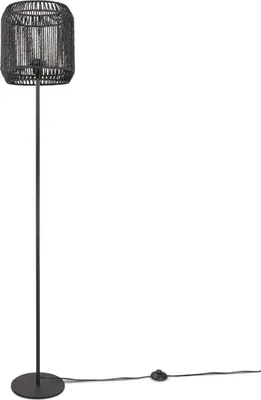 Produktbild von Stehlampe Modern Wohnzimmer Schlafzimmer Rattan Optik Boho Korb Stehleuchte E27 Lampenschirm Schwarz (Ø28 cm) Lampenfuß Einbeinig Schwarz