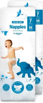 Zdjęcie produktu dla Pieluchy Amazon Ultradroge, rozmiar 7 (ponad 17 kg) - 112 pieluch (2 opakowania po 56 sztuk) (wcześniej marka Mama Bear - ten sam produkt)