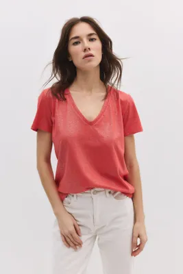 Produktbild von Basic-Kleid mit V-Ausschnitt aus schimmerndem Stoff, Red, XL