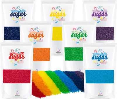 Produktbild von Zucker Set Regenbogen 7 x 100 Gramm Dekorzucker Glitzerzucker Farbzucker  Grün Lila Orange Blau Rot Gelb