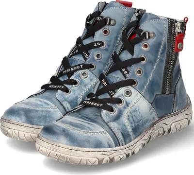 A pair of blue high-top sneakers with black laces and red accents.
