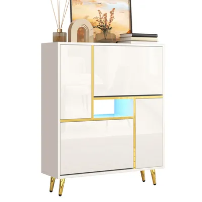 Produktbild von Abrihome Schuhschrank mit 2 Klappenfächer und 2 Türen, LED-Beleuchtung-80x25x96 cm, Weiß