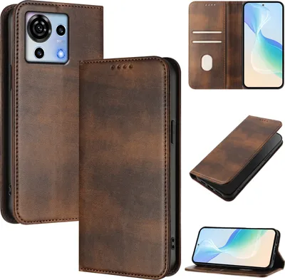 Image de Etui pour ZTE Blade V50 Vita, étui en cuir vintage avec protection RFID, fentes pour cartes, support Marron