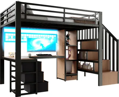 Produktbild von Merax Etagenbett Hochbett 90x200 cm, Kinderbett mit Schreibtisch und LED Licht, Stauraumtreppe, 3 Schubladen, Jugendbett, Metall Stockbett, Schwarz