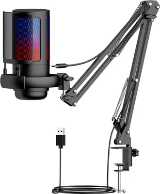 Produktbild von USB Gaming Mikrofon mit Mikrofonarm & Stummschalter – Für PC, Mac, PS4/PS5 – Popfilter, Kopfhöreranschluss – Ideal für YouTube & Streaming