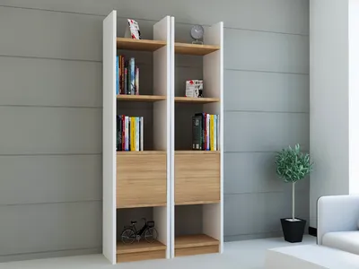 Immagine prodotto di Skye Decor, libreria moderna (altezza 150 cm), bianco e teak, 66,2 x 29,5 cm | 100% pannello di particelle rivestito in melamina, spessore 18 mm | Montabile a parete, numerosi ripiani, design scandinavo.