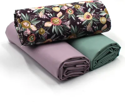 Image de Tissu en coton imprimé + 2 x tissu en coton uni (0,5 m chacun) – Kit de tissus pour projet DIY « Fleurs » n° 44