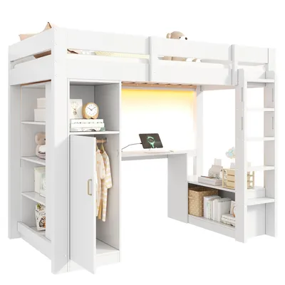 Produktbild von Hochbett mit Schreibtisch, LED-Streifen, Lattenrost, Trittleiter, Regale, Kleiderschrank und USB, 90x200 cm, Kinderbett, Einzelbett, Kiefer