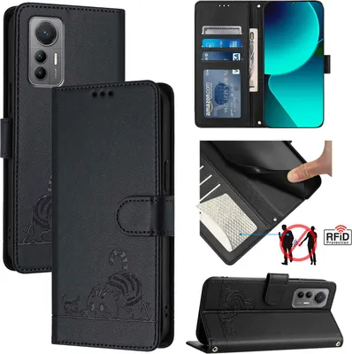 Produktbild von Leder Hülle für Xiaomi 12 Lite Süße Katze Flip Case Brieftasche Schutzhülle mit Standfunktion Schwarz