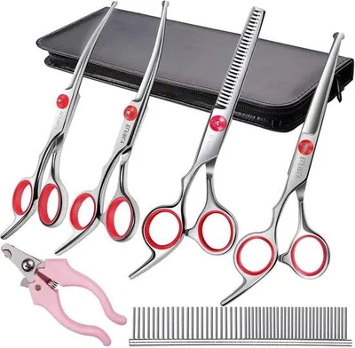 Produktbild von Famanu Hundepflegeset mit Nagelknipser - Edelstahl, abgerundete Spitzen, gebogene und Effilierschere mit Pflegekamm