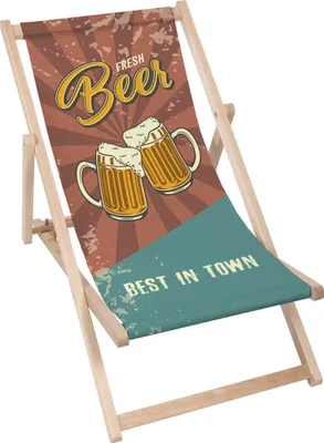 A deck chair with a beer-themed design.